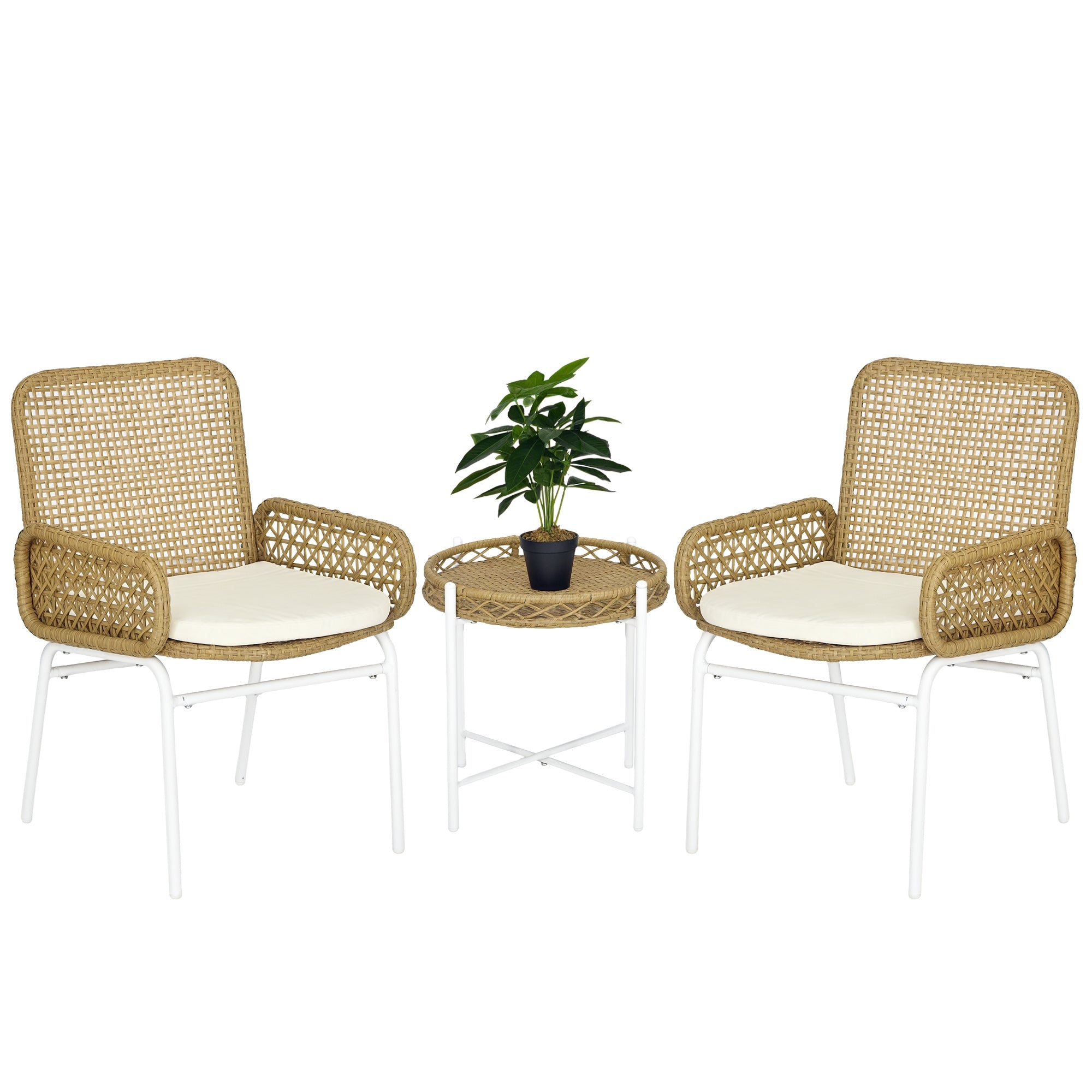 3-Piece Garden Furniture Set Rattan Chairs and Table with 2 Chairs 1 Center Table and Cushions for Terrace Patio Natural