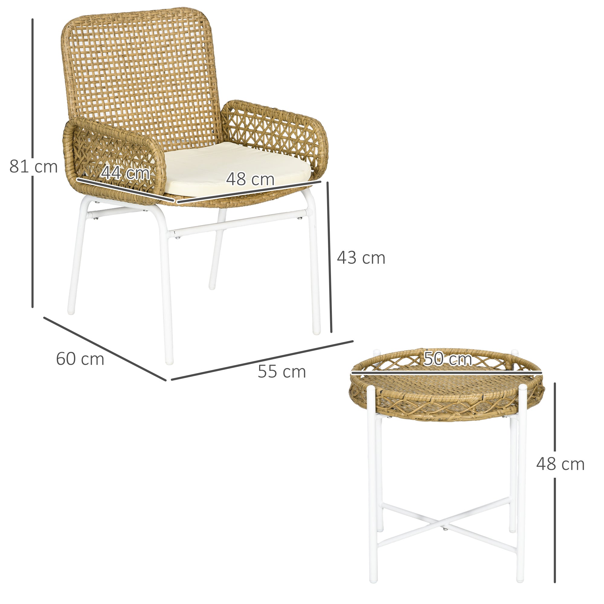 3-Piece Garden Furniture Set Rattan Chairs and Table with 2 Chairs 1 Center Table and Cushions for Terrace Patio Natural