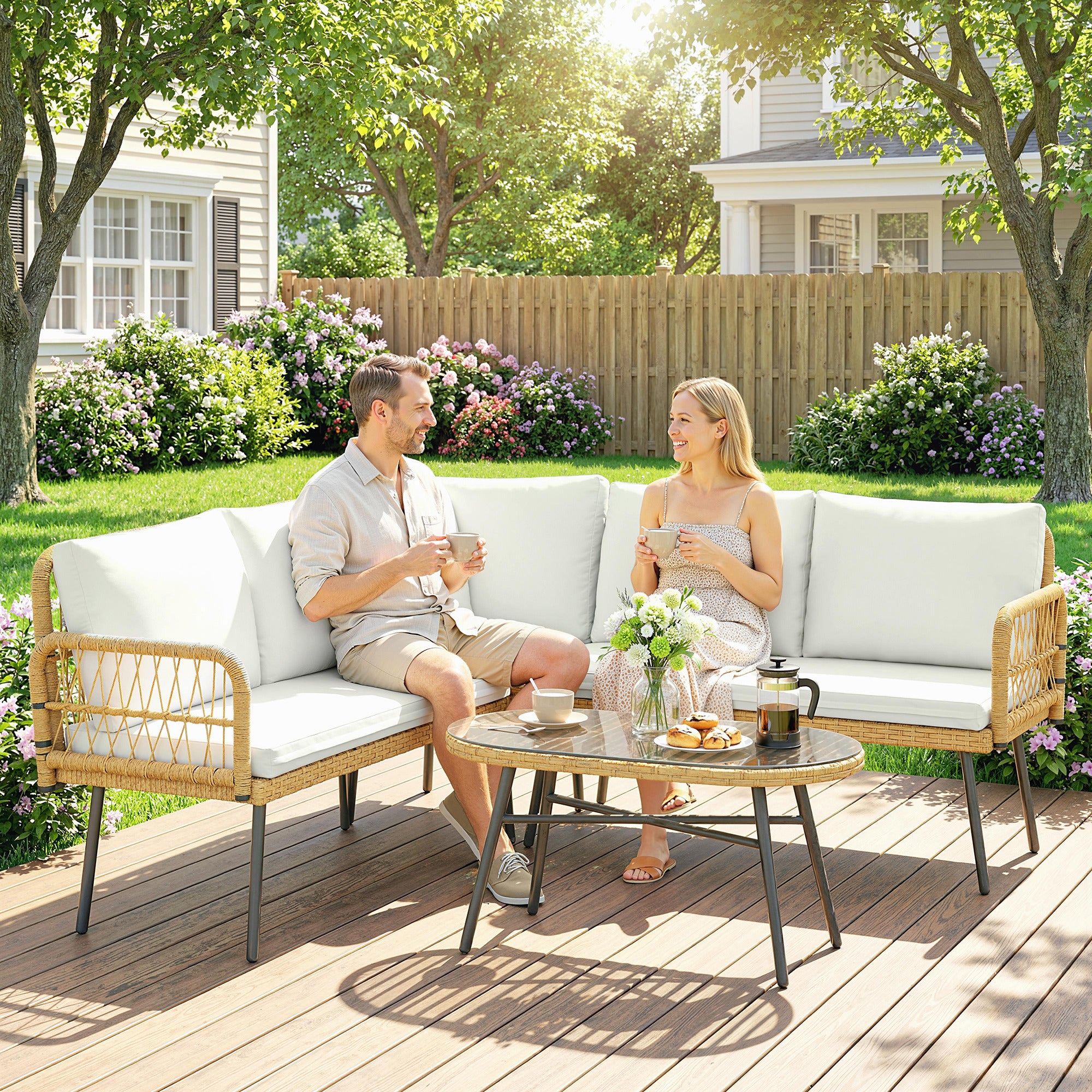 4-Piece PE Rattan Outdoor Lounge Set with Corner Sofa, Two Two-Seaters & Glass Coffee Table, Removable Cushion Covers, Seats up to 5, Cream White