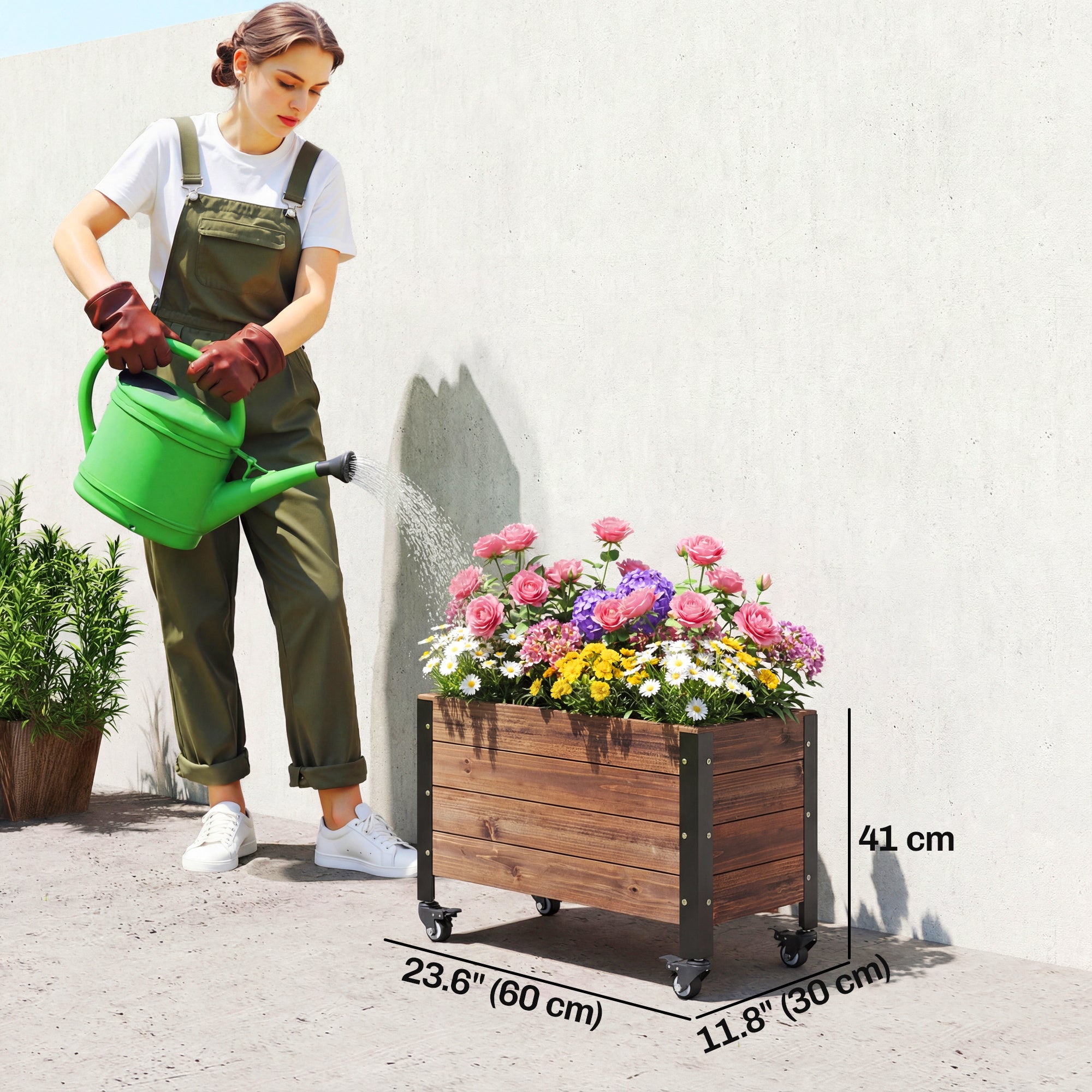 Elevated Wooden Planter with Wheels, Rectangular Raised Garden Bed for Herbs & Vegetables, 23.6 x 11.8 x 16.1 in (60 x 30 x 41 cm), Dark Brown