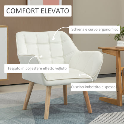 Scandinavian Design Armchair, Velvet and Wood Armchair, Cream Color, for Living Room or Office, 67x61.5x71cm