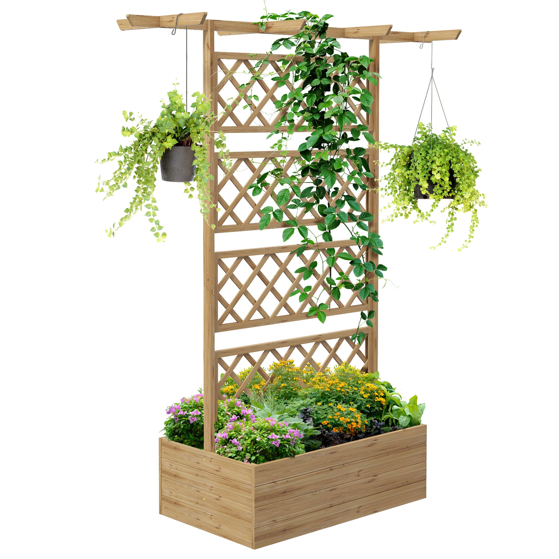 Planter with trellis flower pot stand in natural wood for climbing plants, vegetables, flowers - pre-oiled fir wood dim. 160L x 55W x 183H cm natural wood effect
