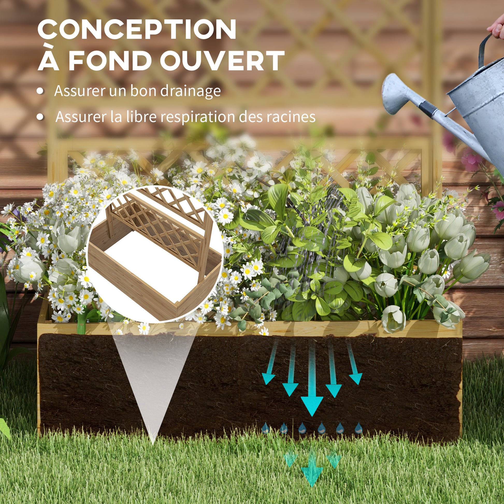 Planter with trellis flower pot stand in natural wood for climbing plants, vegetables, flowers - pre-oiled fir wood dim. 160L x 55W x 183H cm natural wood effect