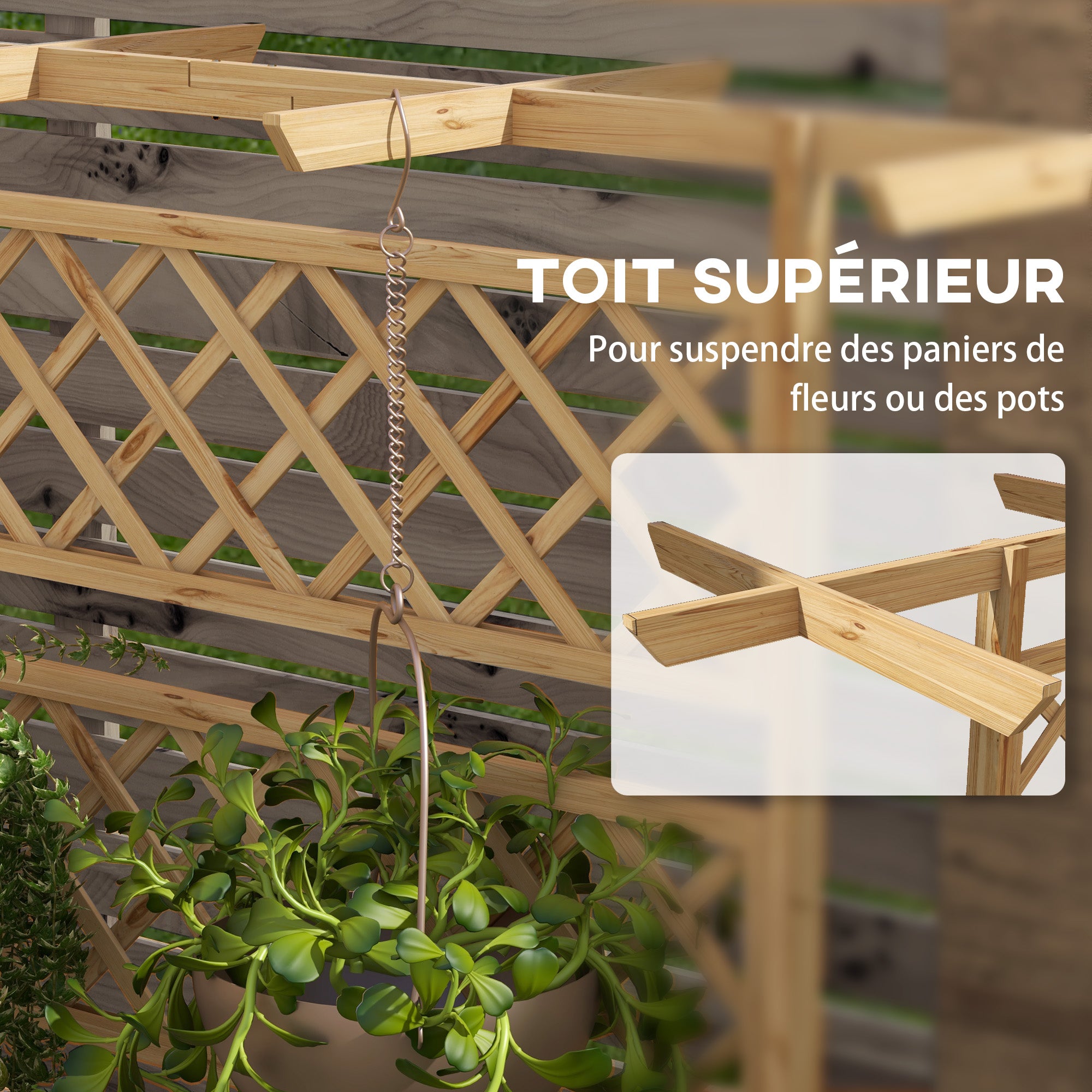 Planter with trellis flower pot stand in natural wood for climbing plants, vegetables, flowers - pre-oiled fir wood dim. 160L x 55W x 183H cm natural wood effect