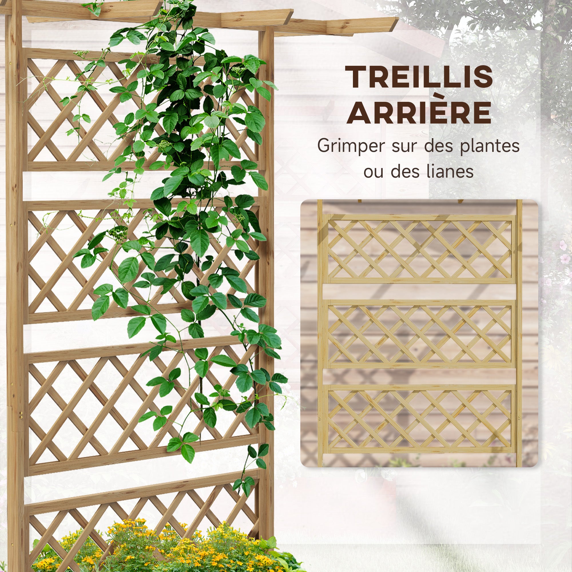 Planter with trellis flower pot stand in natural wood for climbing plants, vegetables, flowers - pre-oiled fir wood dim. 160L x 55W x 183H cm natural wood effect