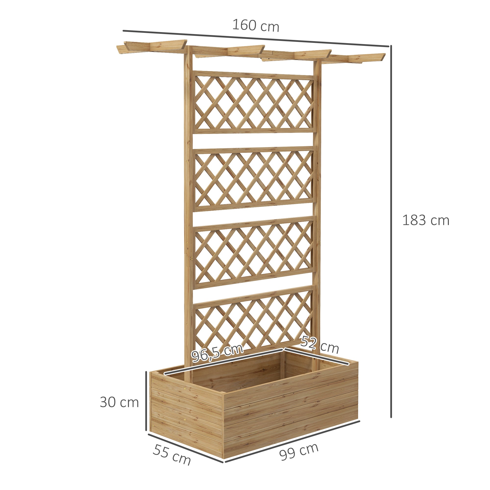 Planter with trellis flower pot stand in natural wood for climbing plants, vegetables, flowers - pre-oiled fir wood dim. 160L x 55W x 183H cm natural wood effect