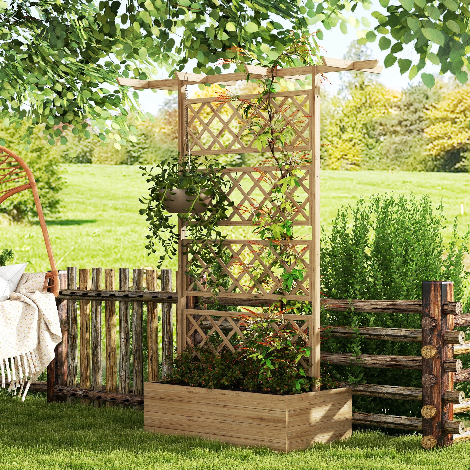 Planter with trellis flower pot stand in natural wood for climbing plants, vegetables, flowers - pre-oiled fir wood dim. 160L x 55W x 183H cm natural wood effect