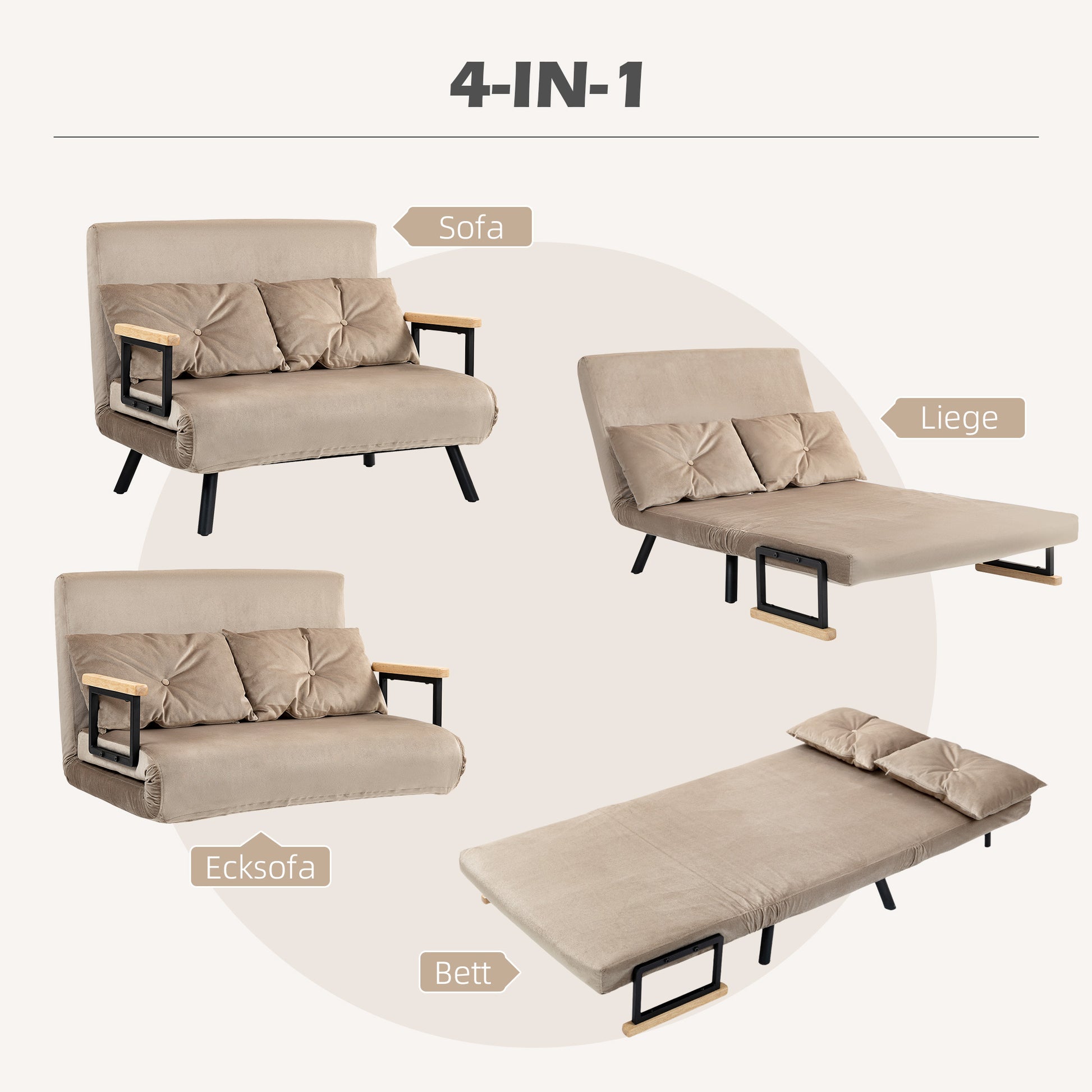 Sleeper Sofa, Folding Bed with Bed Function, Recliner Chair with Back Pillow, Upholstered Sofa with Adjustable Backrest, Velvet Look, 102 x 73 x 81 cm, Light Brown