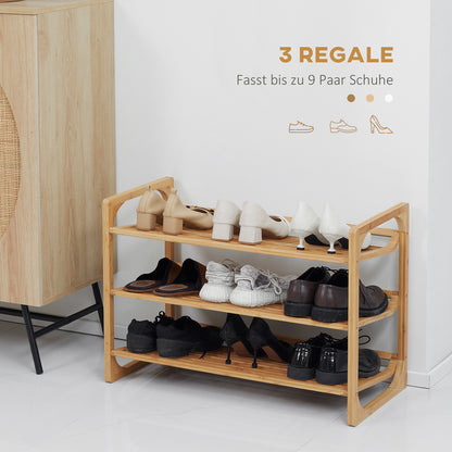Shoe Rack, Shoe Stand with 3 Levels made of Bamboo, for max. 9 pairs of shoes, Shoe Rack with handle for entrance, bedroom, 76 x 33 x 51 cm, Natural