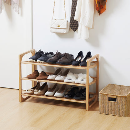 Shoe Rack, Shoe Stand with 3 Levels made of Bamboo, for max. 9 pairs of shoes, Shoe Rack with handle for entrance, bedroom, 76 x 33 x 51 cm, Natural