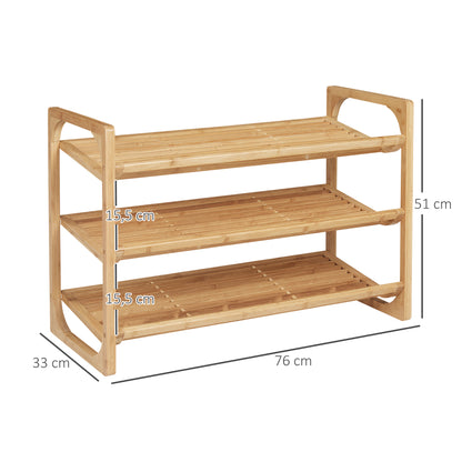 Shoe Rack, Shoe Stand with 3 Levels made of Bamboo, for max. 9 pairs of shoes, Shoe Rack with handle for entrance, bedroom, 76 x 33 x 51 cm, Natural