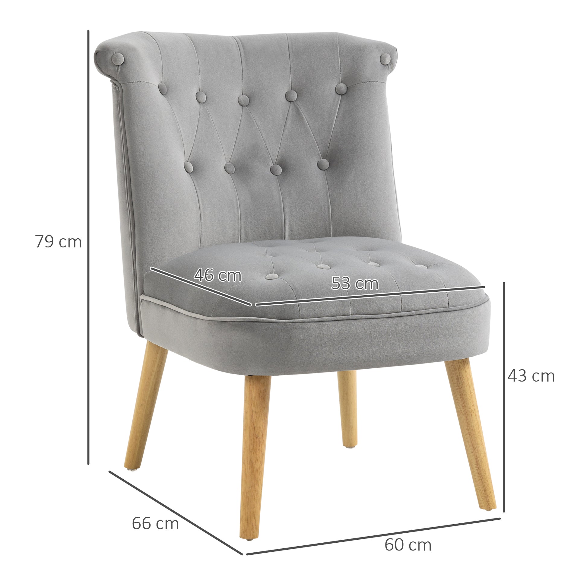 Upholstered Armchair for Living Room and Dining Room with Wooden Legs and Velvet Effect Fabric, 60x66x79 cm, Gray