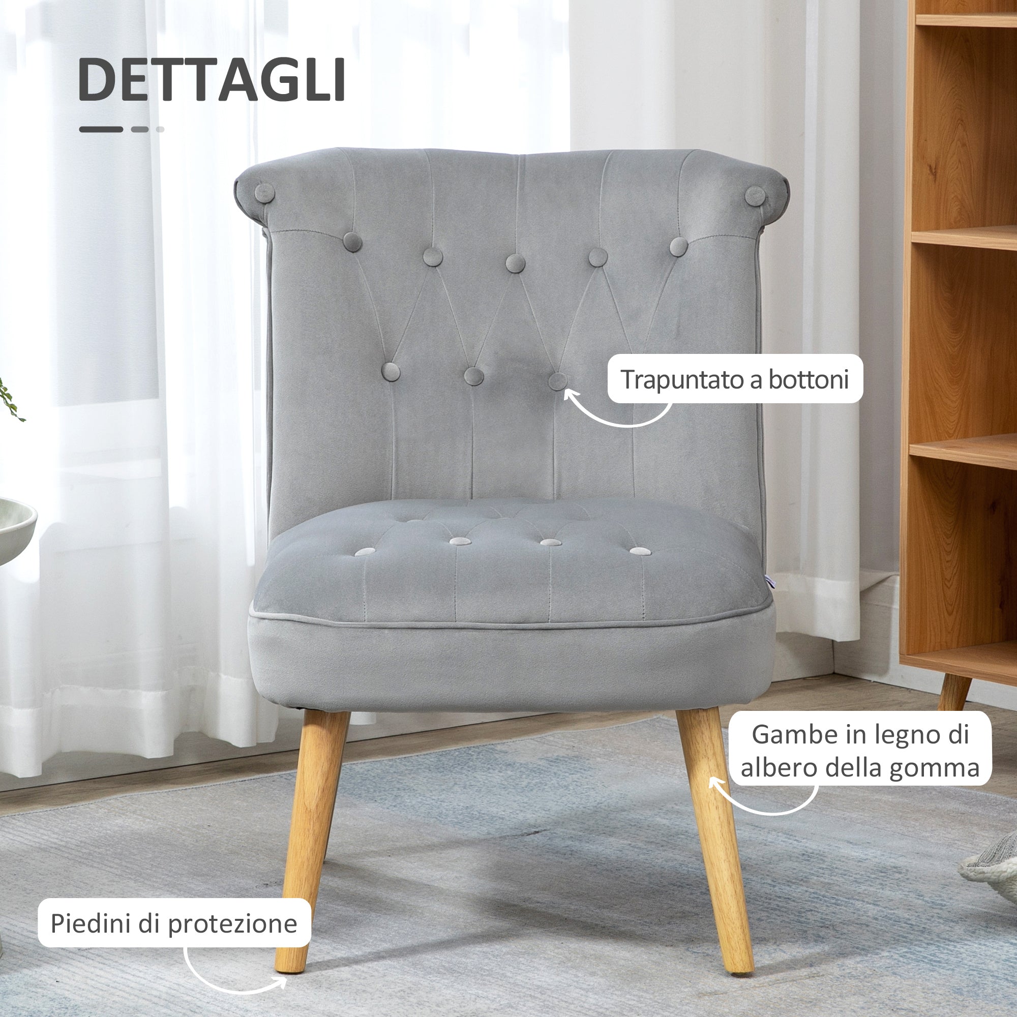 Upholstered Armchair for Living Room and Dining Room with Wooden Legs and Velvet Effect Fabric, 60x66x79 cm, Gray