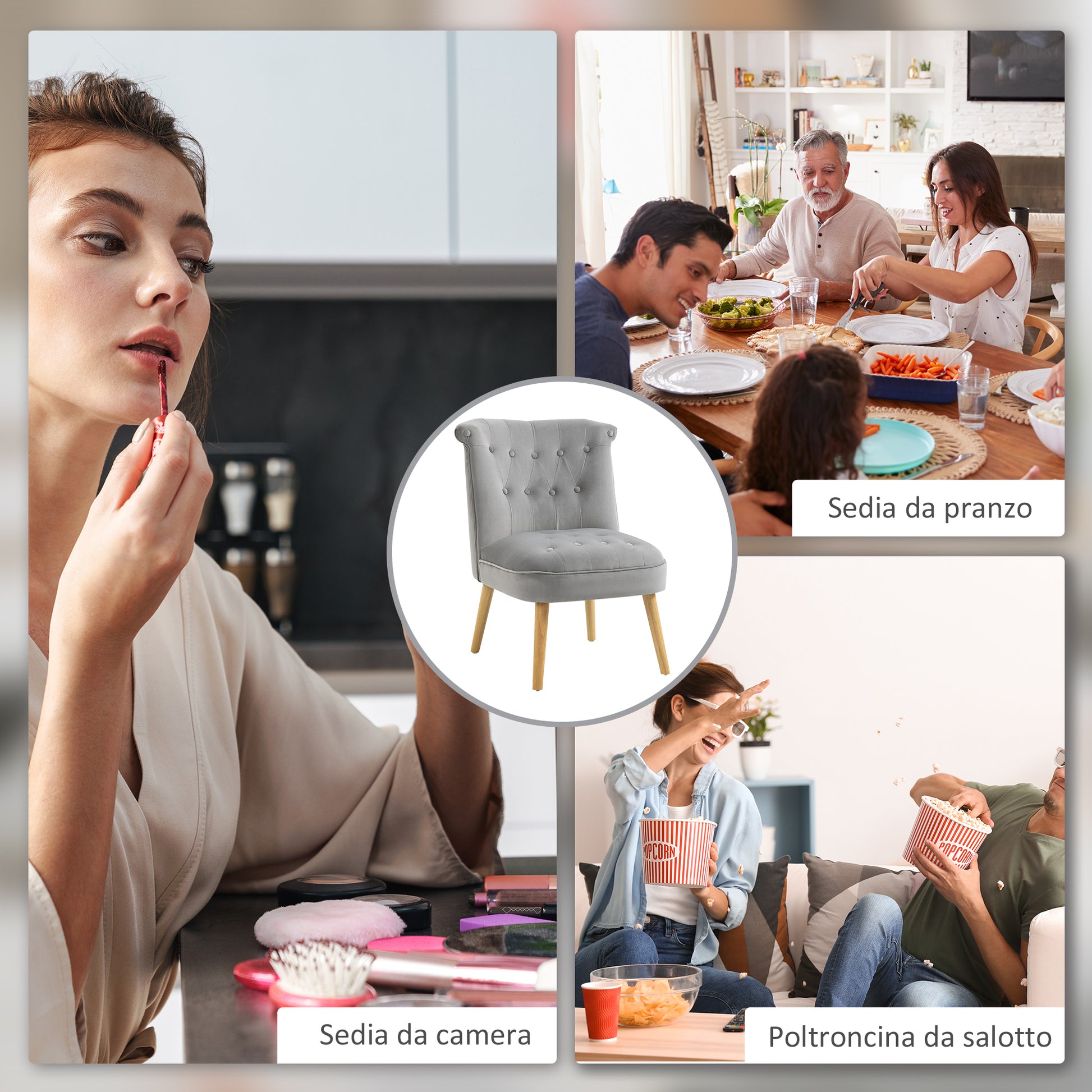 Upholstered Armchair for Living Room and Dining Room with Wooden Legs and Velvet Effect Fabric, 60x66x79 cm, Gray