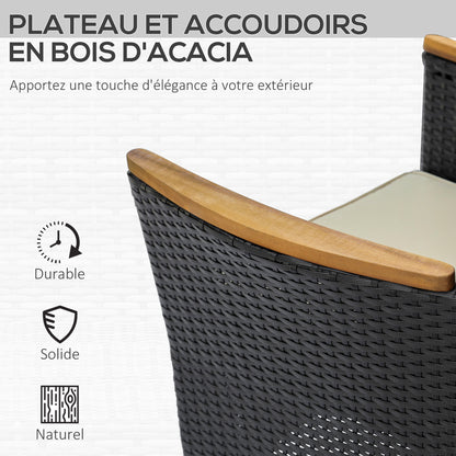 6-Person Garden Furniture Set Large Rectangular Dining Table + 6 Chairs & Washable Cushions Steel PE Resin Wicker Acacia Wood Black and Beige