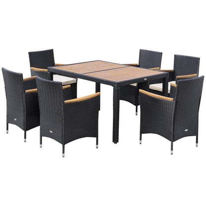 6-Person Garden Furniture Set Large Rectangular Dining Table + 6 Chairs & Washable Cushions Steel PE Resin Wicker Acacia Wood Black and Beige