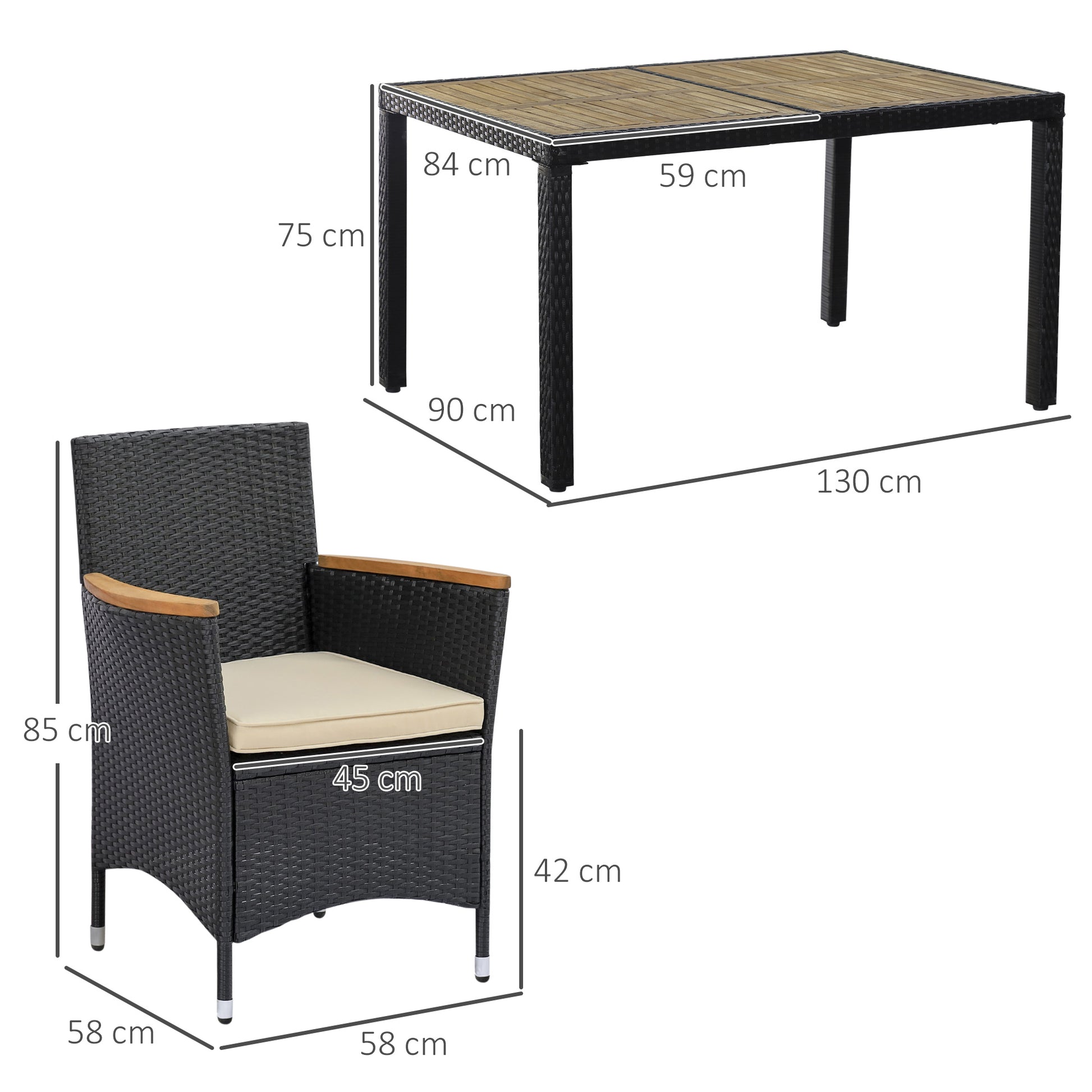 6-Person Garden Furniture Set Large Rectangular Dining Table + 6 Chairs & Washable Cushions Steel PE Resin Wicker Acacia Wood Black and Beige