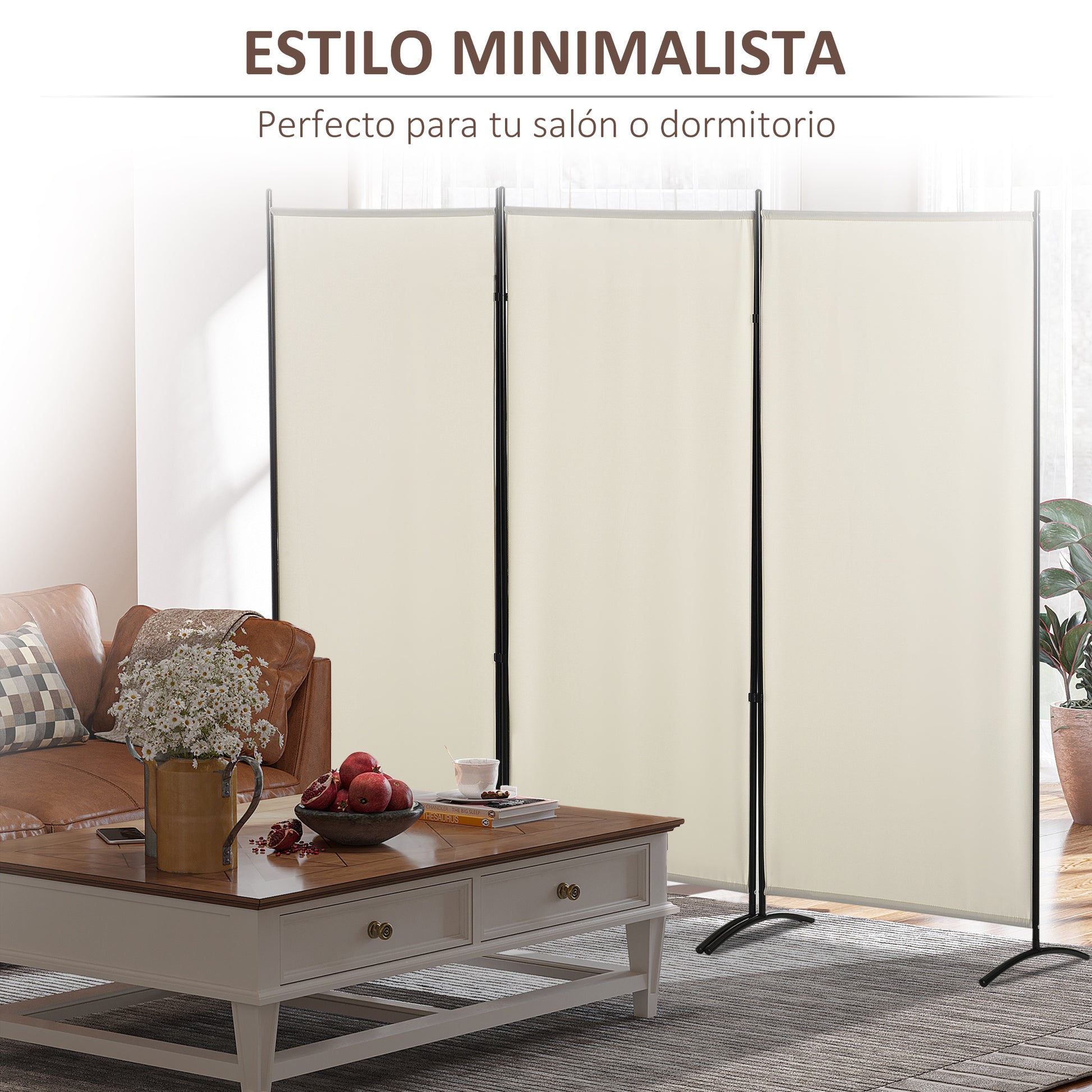 3-Panel Room Divider Separating Screen 253x50x182 cm Folding Room Divider with 6 Metal Feet Privacy Screen for Office Bedroom Beige