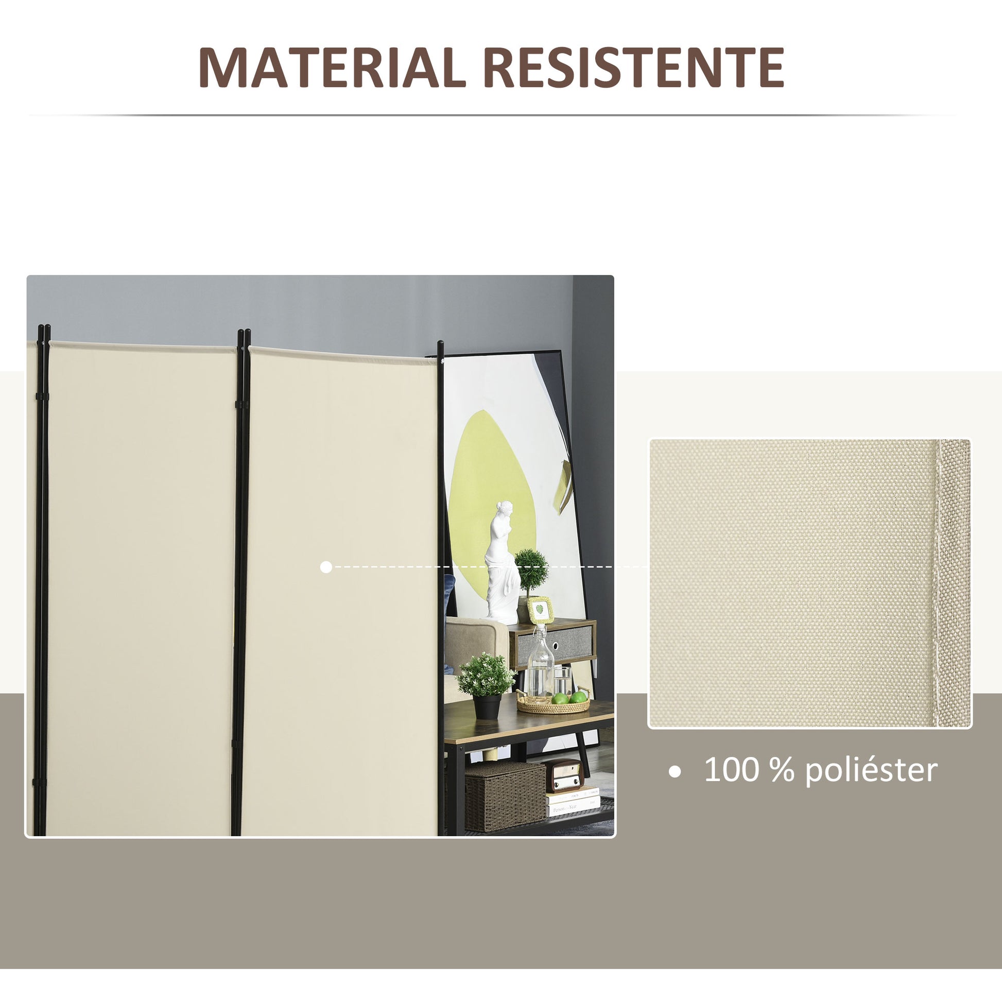 3-Panel Room Divider Separating Screen 253x50x182 cm Folding Room Divider with 6 Metal Feet Privacy Screen for Office Bedroom Beige