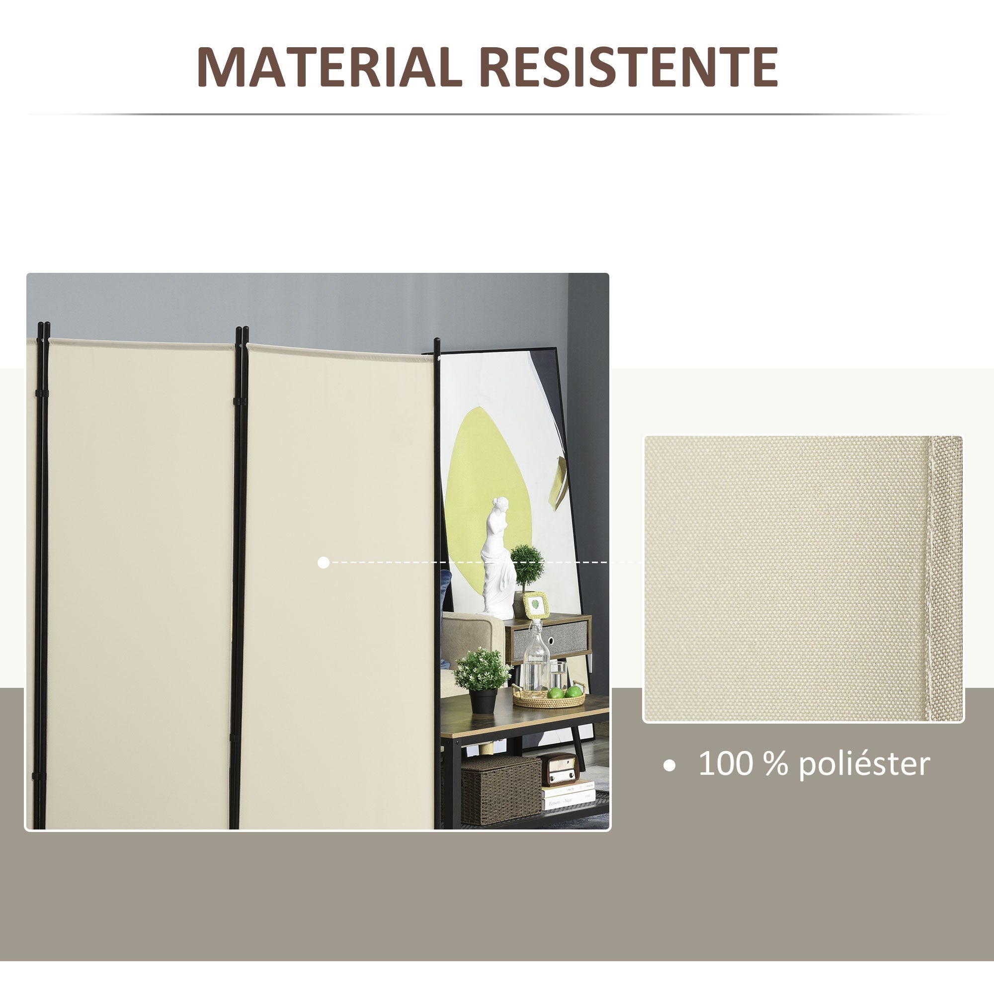 3-Panel Room Divider Separating Screen 253x50x182 cm Folding Room Divider with 6 Metal Feet Privacy Screen for Office Bedroom Beige