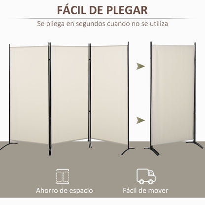 3-Panel Room Divider Separating Screen 253x50x182 cm Folding Room Divider with 6 Metal Feet Privacy Screen for Office Bedroom Beige
