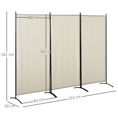 3-Panel Room Divider Separating Screen 253x50x182 cm Folding Room Divider with 6 Metal Feet Privacy Screen for Office Bedroom Beige