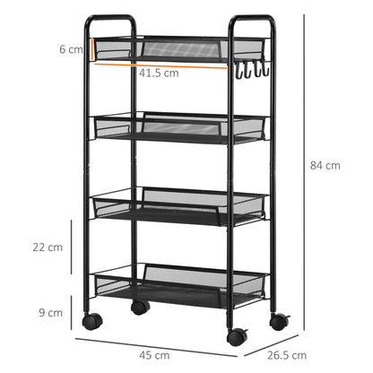 Serving Cart with 4 Levels Kitchen Cart with Detachable Basket Hooks Handle Roll Cart with Utility Cart Kitchen Shelf with Wheels for Kitchen Office Bathroom, Steel, Black
