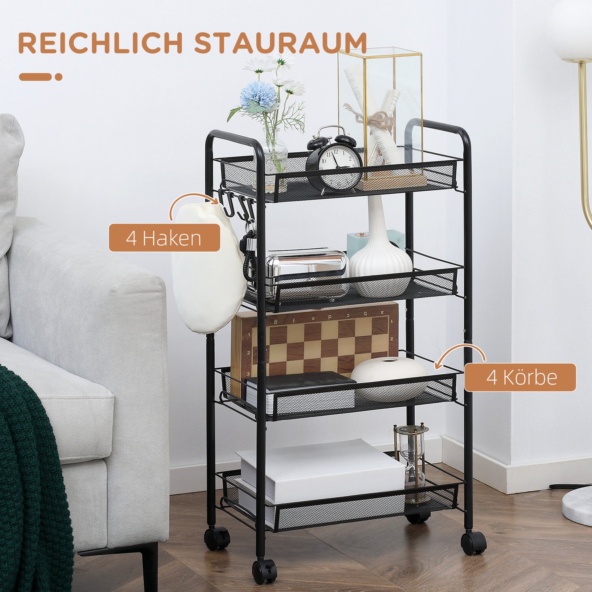 Serving Cart with 4 Levels Kitchen Cart with Detachable Basket Hooks Handle Roll Cart with Utility Cart Kitchen Shelf with Wheels for Kitchen Office Bathroom, Steel, Black