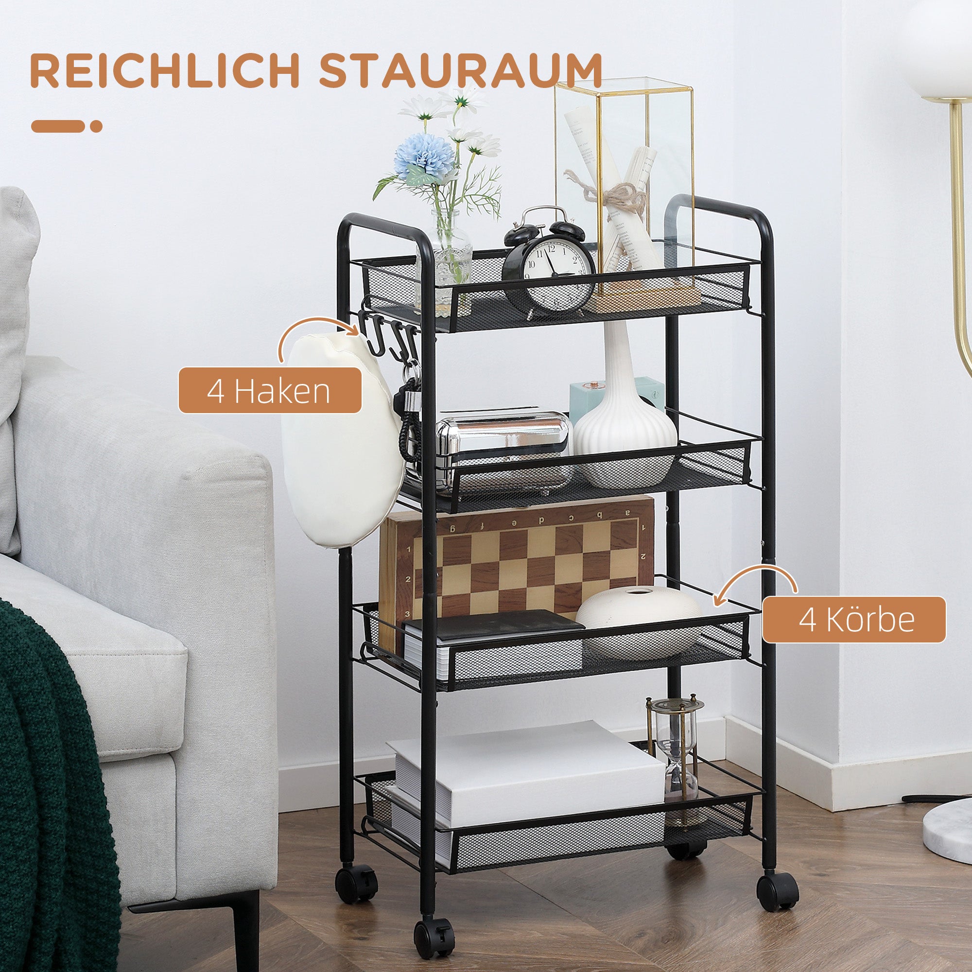 Serving Cart with 4 Levels Kitchen Cart with Detachable Basket Hooks Handle Roll Cart with Utility Cart Kitchen Shelf with Wheels for Kitchen Office Bathroom, Steel, Black