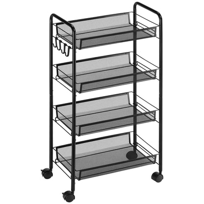 Serving Cart with 4 Levels Kitchen Cart with Detachable Basket Hooks Handle Roll Cart with Utility Cart Kitchen Shelf with Wheels for Kitchen Office Bathroom, Steel, Black