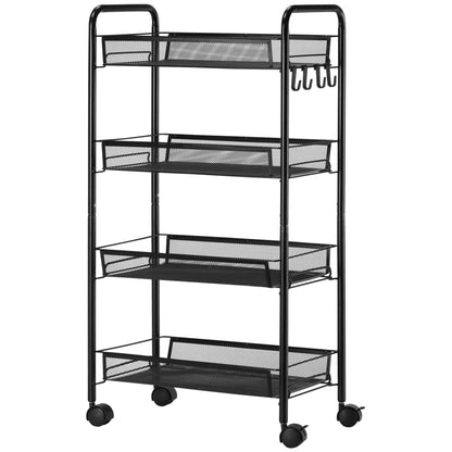 Serving Cart with 4 Levels Kitchen Cart with Detachable Basket Hooks Handle Roll Cart with Utility Cart Kitchen Shelf with Wheels for Kitchen Office Bathroom, Steel, Black