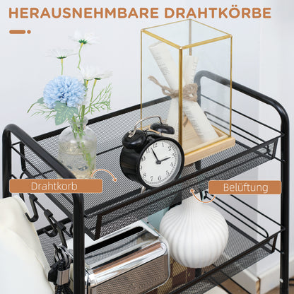 Serving Cart with 4 Levels Kitchen Cart with Detachable Basket Hooks Handle Roll Cart with Utility Cart Kitchen Shelf with Wheels for Kitchen Office Bathroom, Steel, Black