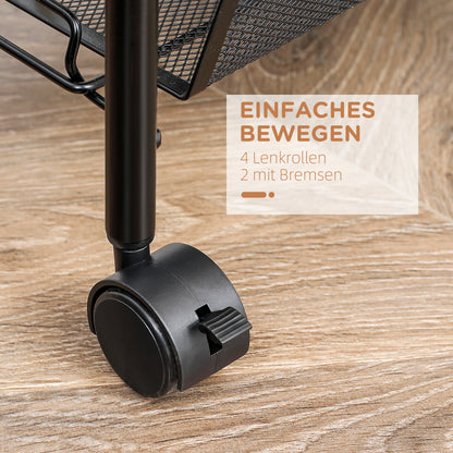 Serving Cart with 4 Levels Kitchen Cart with Detachable Basket Hooks Handle Roll Cart with Utility Cart Kitchen Shelf with Wheels for Kitchen Office Bathroom, Steel, Black