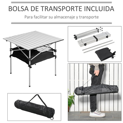 Portable Folding Camping Table Multifunctional with Mesh Storage Space and Carry Bag for Garden Balcony Patio Outdoor 70x70x69 cm Silver