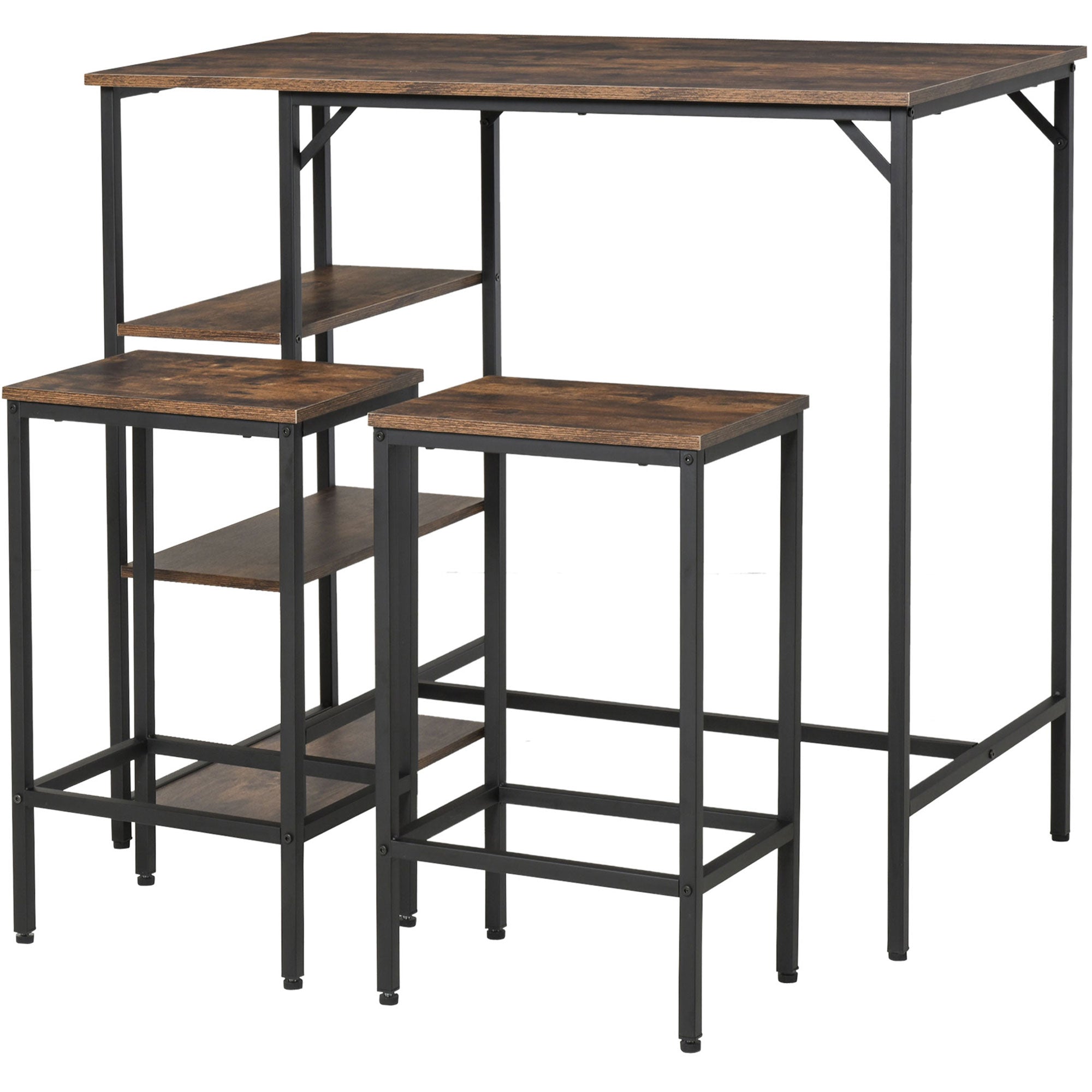 Bar Table and 2 Stools Set with Footrest and 3-Level Shelves Adjustable Pads for Kitchen Dining Room 109x60x100 cm Rustic Brown