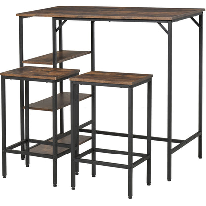 Bar Table and 2 Stools Set with Footrest and 3-Level Shelves Adjustable Pads for Kitchen Dining Room 109x60x100 cm Rustic Brown