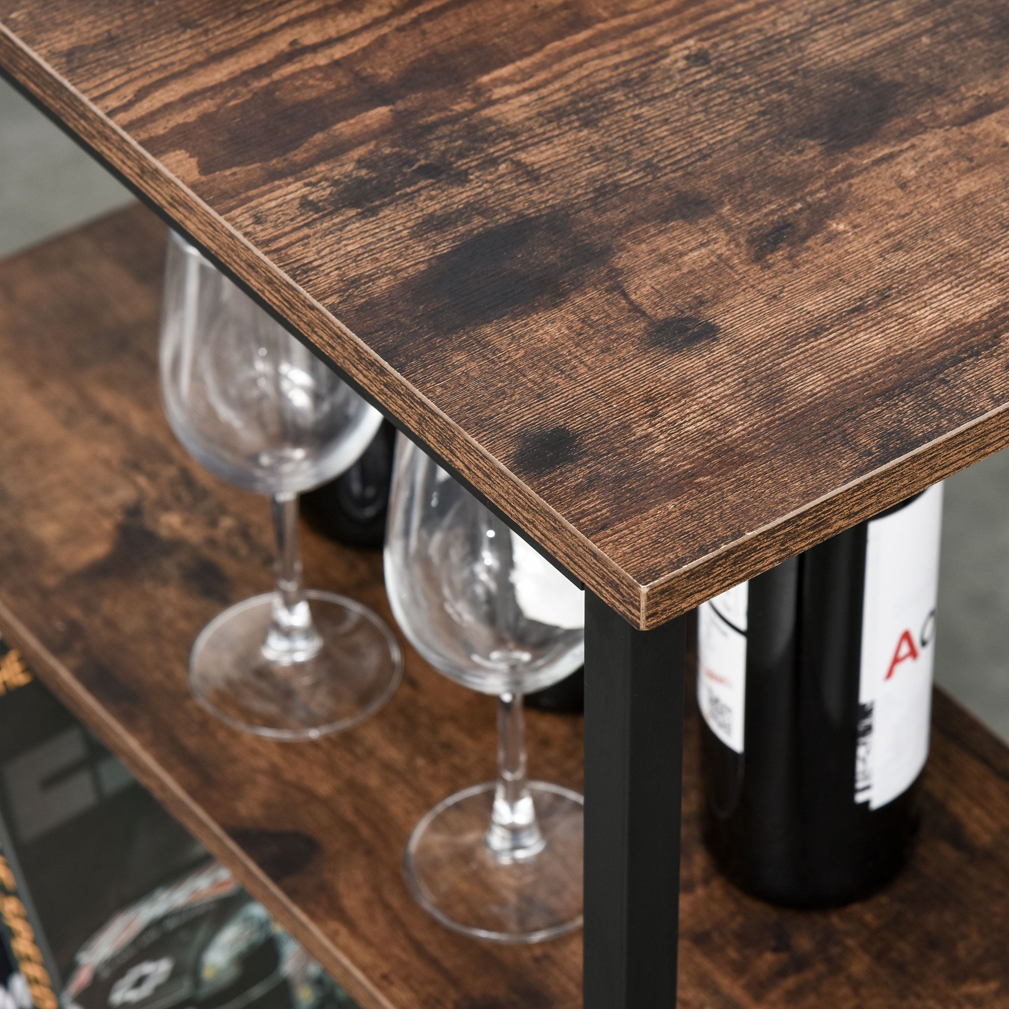 Bar Table and 2 Stools Set with Footrest and 3-Level Shelves Adjustable Pads for Kitchen Dining Room 109x60x100 cm Rustic Brown