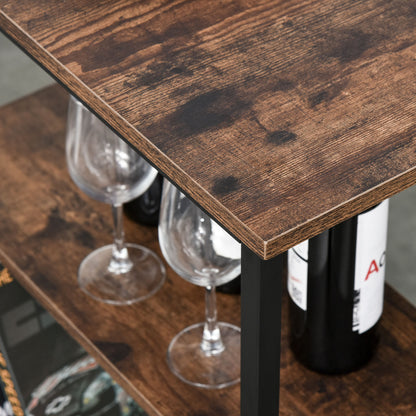 Bar Table and 2 Stools Set with Footrest and 3-Level Shelves Adjustable Pads for Kitchen Dining Room 109x60x100 cm Rustic Brown