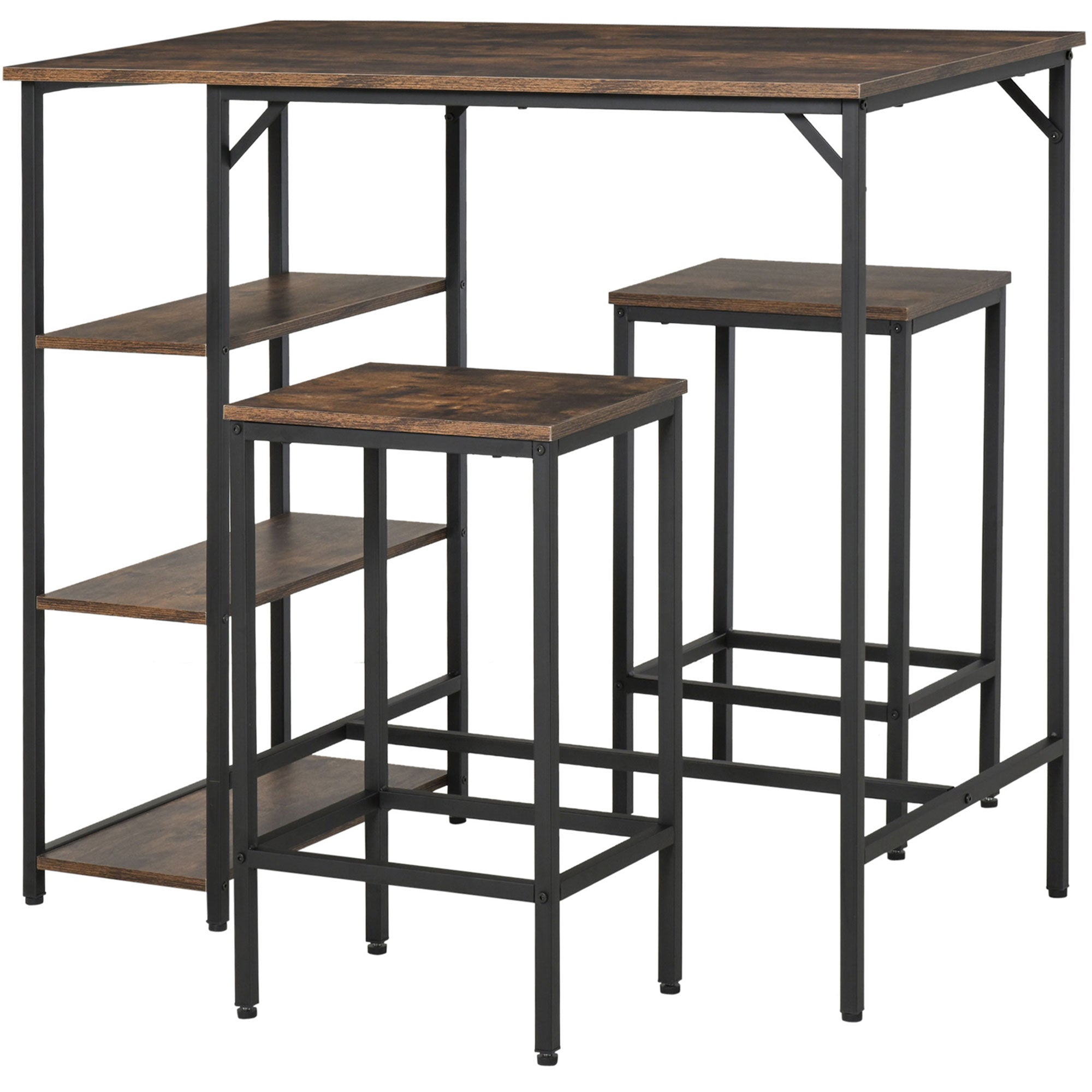 Bar Table and 2 Stools Set with Footrest and 3-Level Shelves Adjustable Pads for Kitchen Dining Room 109x60x100 cm Rustic Brown