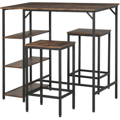 Bar Table and 2 Stools Set with Footrest and 3-Level Shelves Adjustable Pads for Kitchen Dining Room 109x60x100 cm Rustic Brown