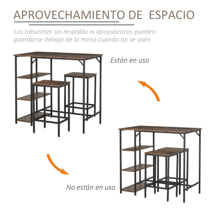 Bar Table and 2 Stools Set with Footrest and 3-Level Shelves Adjustable Pads for Kitchen Dining Room 109x60x100 cm Rustic Brown