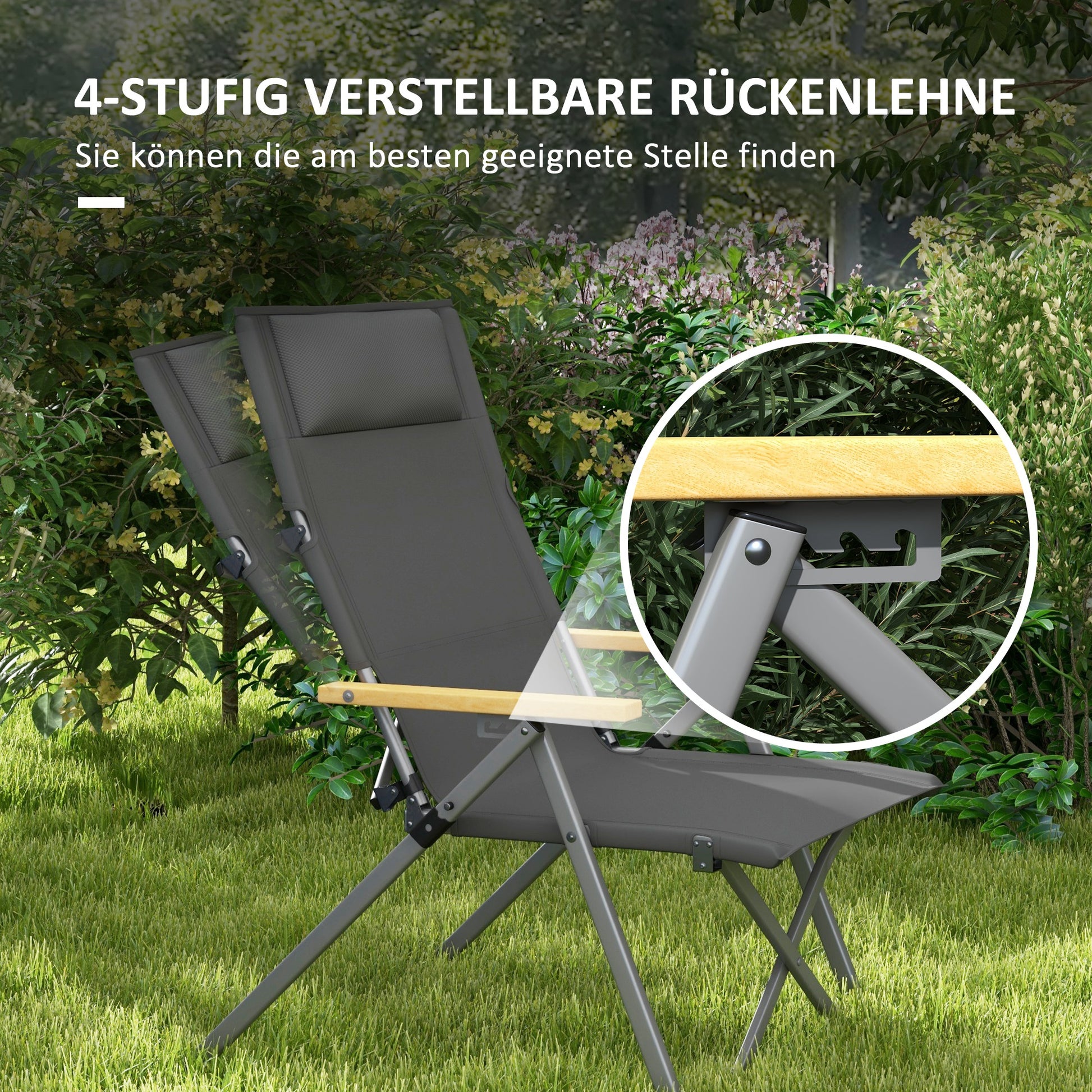 Folding Camping Chair Garden Chair with 4-Position Adjustable Backrest, Headrest, Folding Chair with Carrying Bag for Pool, Beach, Oxford, Dark Grey