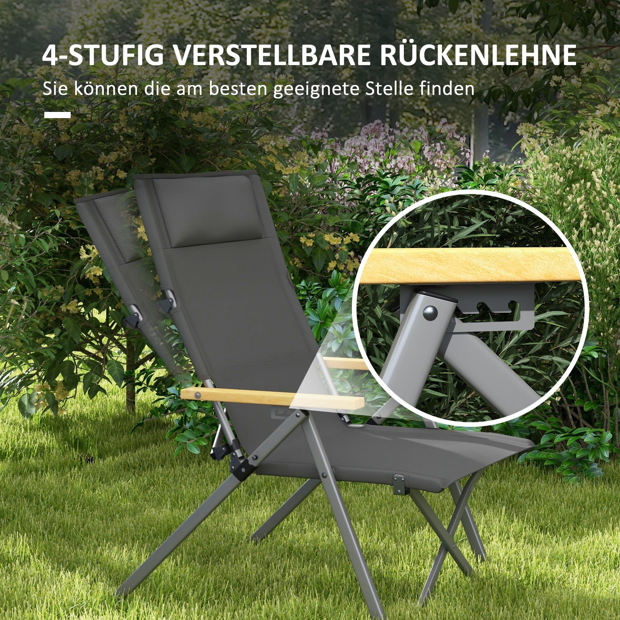 Folding Camping Chair Garden Chair with 4-Position Adjustable Backrest, Headrest, Folding Chair with Carrying Bag for Pool, Beach, Oxford, Dark Grey