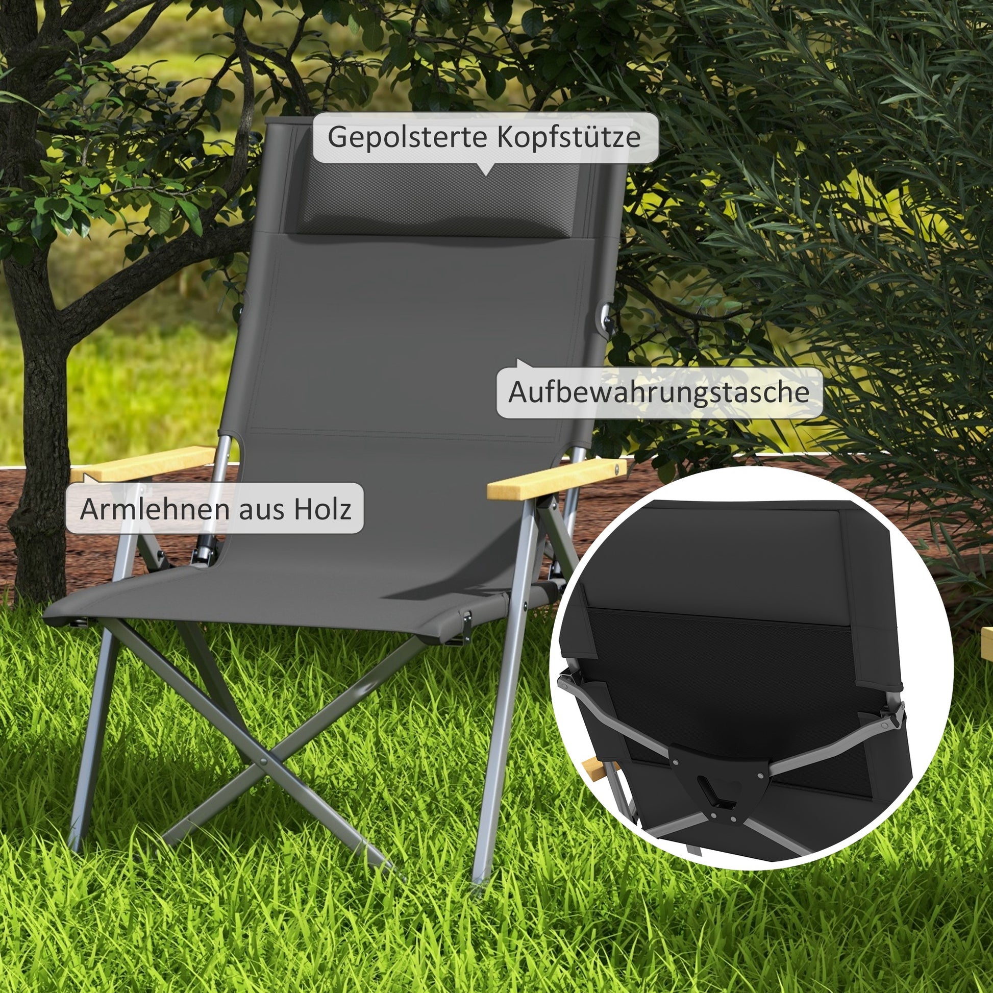 Folding Camping Chair Garden Chair with 4-Position Adjustable Backrest, Headrest, Folding Chair with Carrying Bag for Pool, Beach, Oxford, Dark Grey