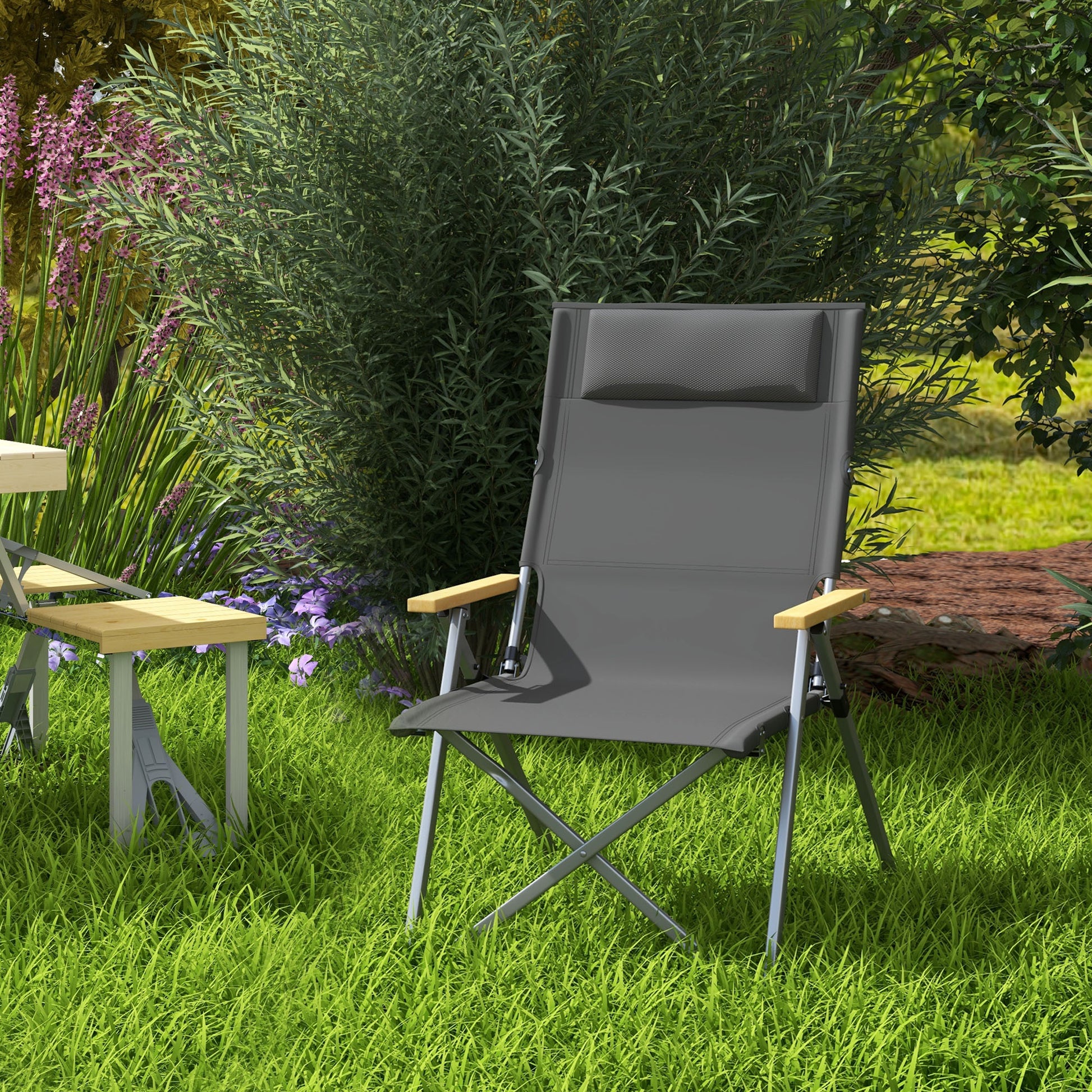 Folding Camping Chair Garden Chair with 4-Position Adjustable Backrest, Headrest, Folding Chair with Carrying Bag for Pool, Beach, Oxford, Dark Grey
