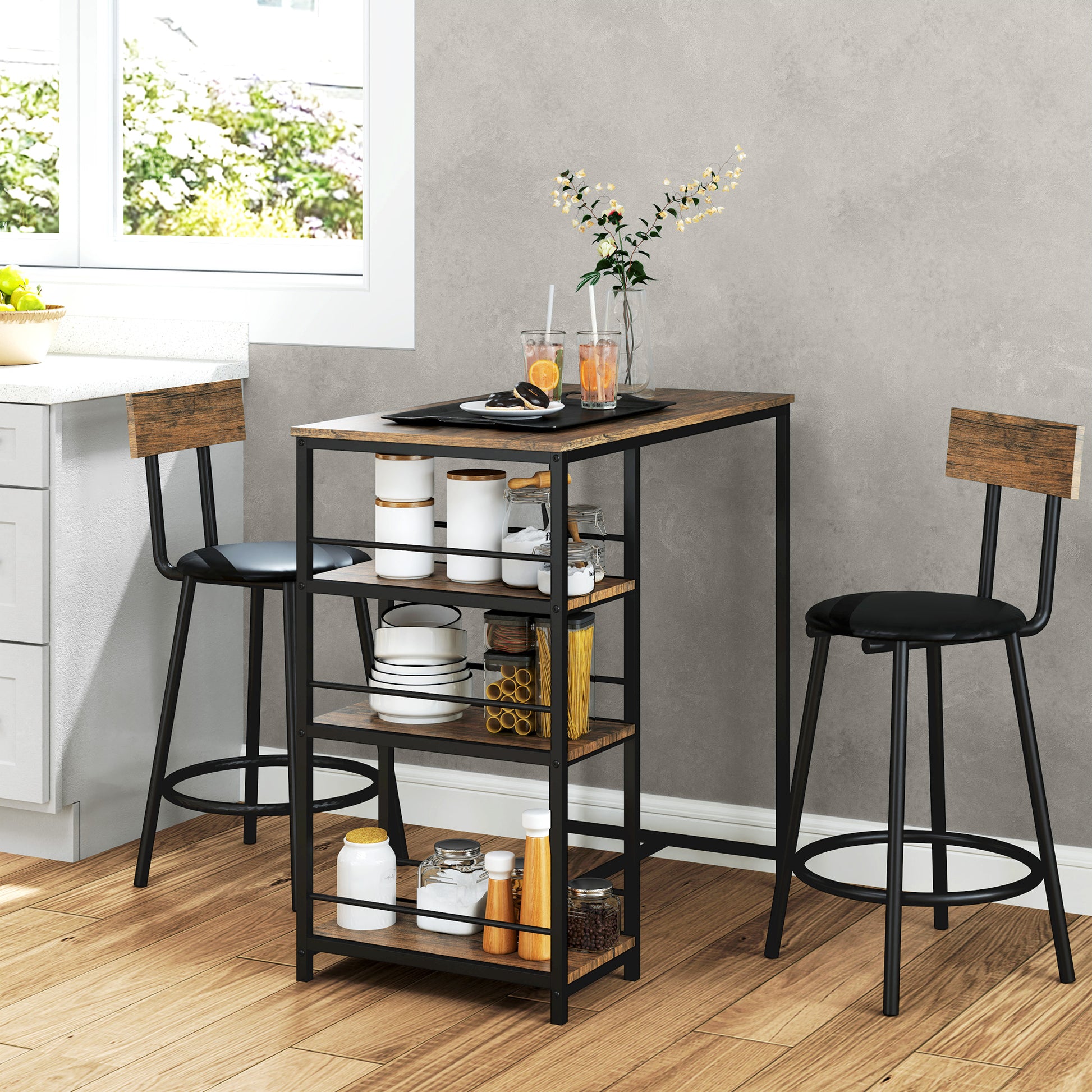 Bar Table with Bar Stool Set, Bar Table Set for 2 People with 2 Padded Bar Chairs, Backrest, Kitchen Table with 3 Shelves, Modern-Style, Breakfast Counter for Dining Room, Kitchen, Steel, Oak