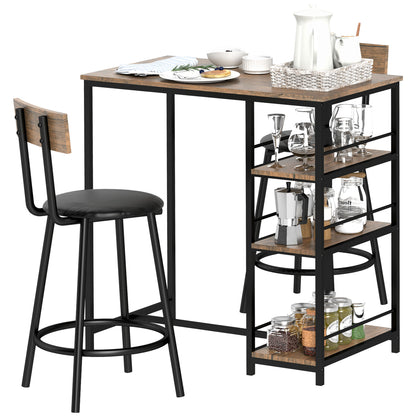 Bar Table with Bar Stool Set, Bar Table Set for 2 People with 2 Padded Bar Chairs, Backrest, Kitchen Table with 3 Shelves, Modern-Style, Breakfast Counter for Dining Room, Kitchen, Steel, Oak