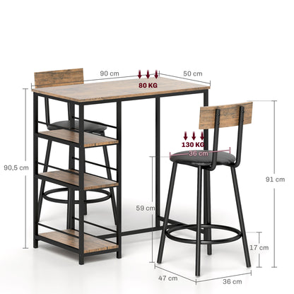 Bar Table with Bar Stool Set, Bar Table Set for 2 People with 2 Padded Bar Chairs, Backrest, Kitchen Table with 3 Shelves, Modern-Style, Breakfast Counter for Dining Room, Kitchen, Steel, Oak