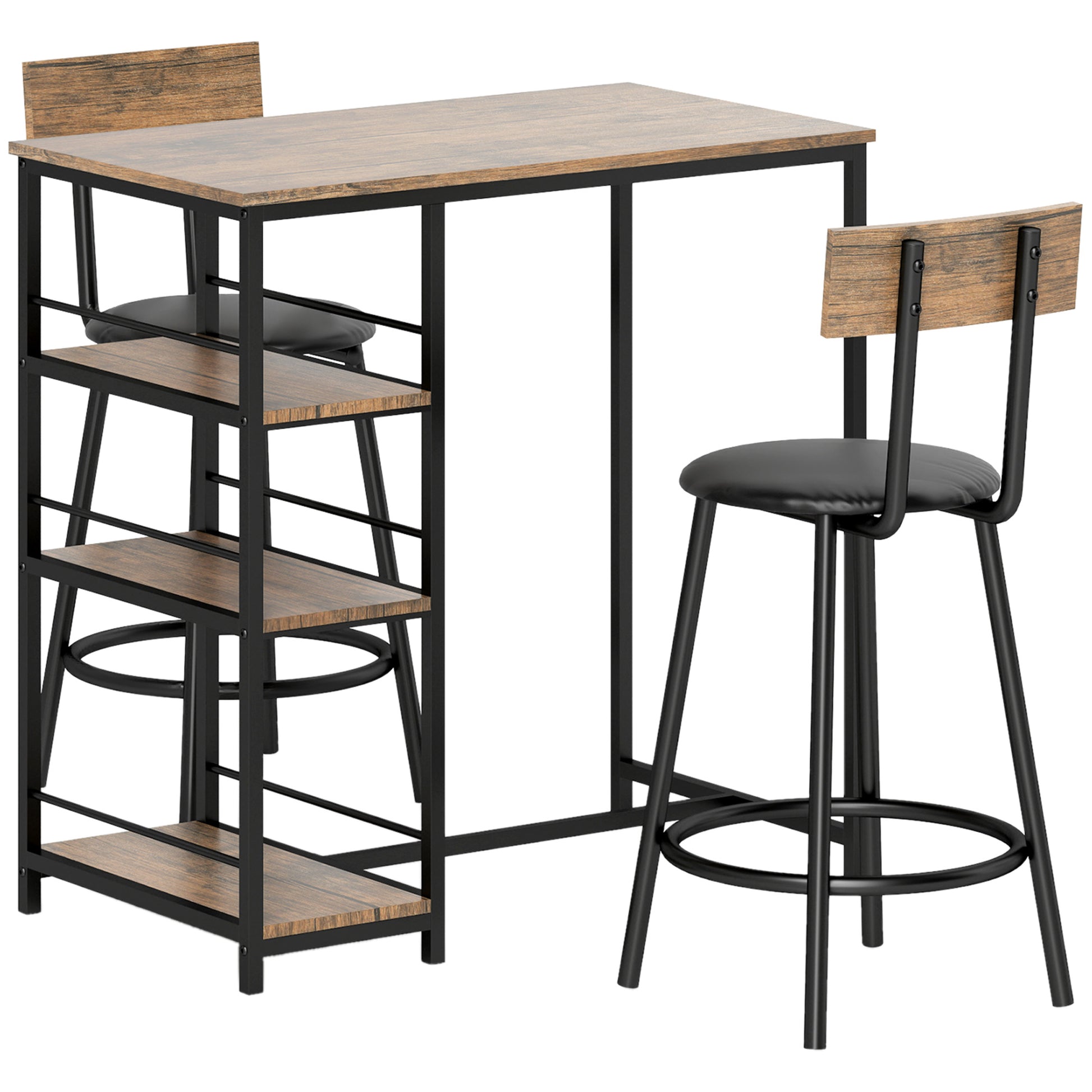 Bar Table with Bar Stool Set, Bar Table Set for 2 People with 2 Padded Bar Chairs, Backrest, Kitchen Table with 3 Shelves, Modern-Style, Breakfast Counter for Dining Room, Kitchen, Steel, Oak