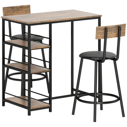 Bar Table with Bar Stool Set, Bar Table Set for 2 People with 2 Padded Bar Chairs, Backrest, Kitchen Table with 3 Shelves, Modern-Style, Breakfast Counter for Dining Room, Kitchen, Steel, Oak